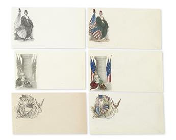 PATRIOTIC COVERS--UNION. Group of nine pairs (eighteen postal covers), exquisitely engraved and hand-tinted covers---before and after,